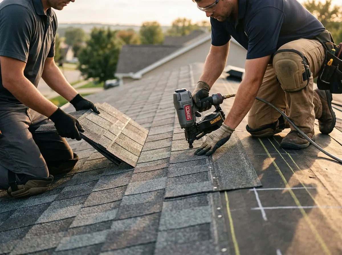Professional roofer working on a residential roof in Linwood